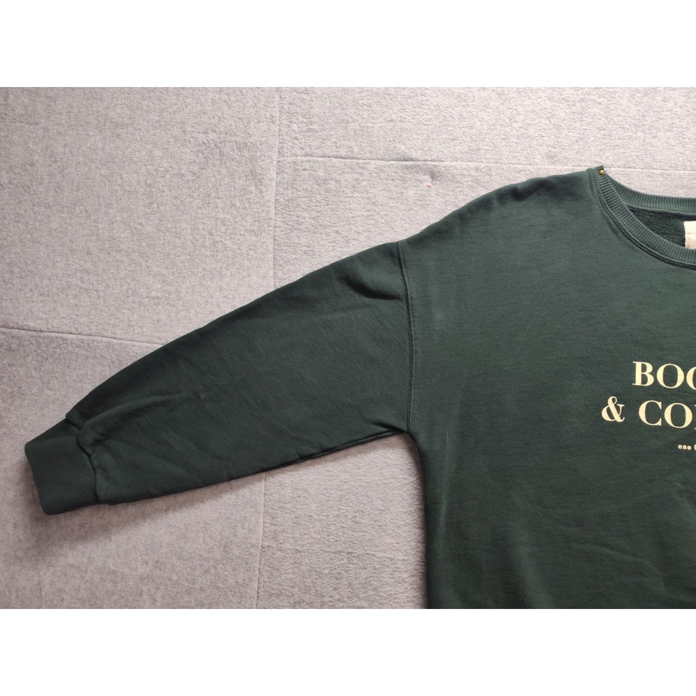 Books & Coffee Women Sweatshirt L Dark Green 100% Cotton Graphic Comfy Pullover - Picture 2 of 16